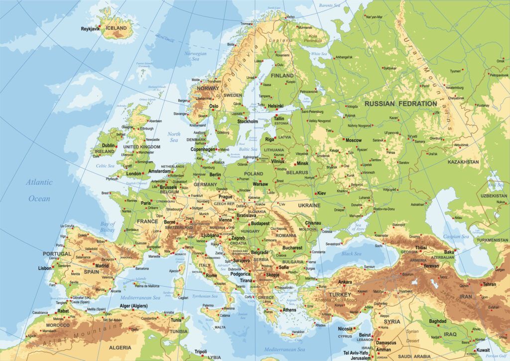 mapamundi físico de Europa